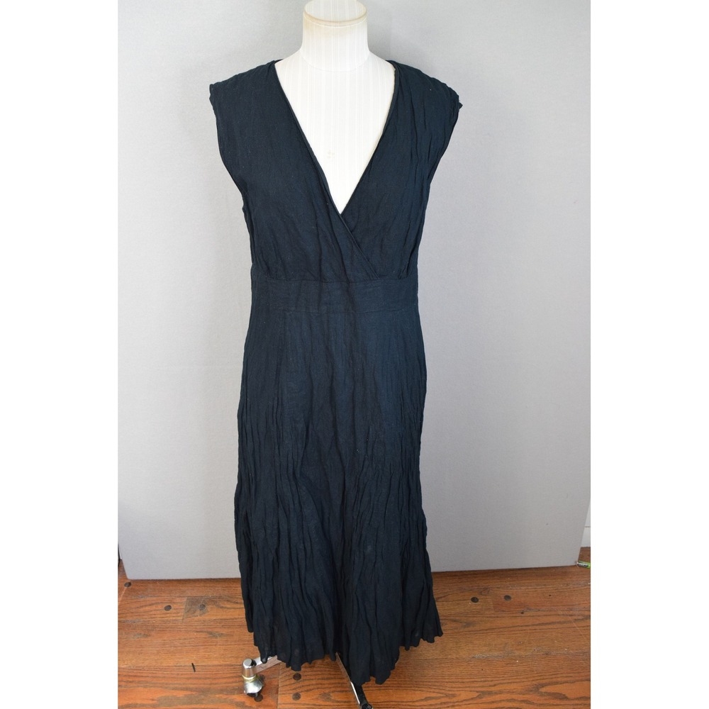 Garnet Hill Midi Dress 12 Black Crinkle Cotton Metallic V-Neck Women Sleeveless